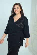 Kadın Kruvaze Polo Yaka Tek Tarafı Pulpayet Yanı Bağcıklı Krep Şifon Büyük Beden Bluz