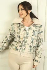 Veste en tulle à motif floral, fermeture éclair et col en fourrure pour femme