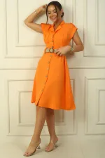 Robe effet lin à col, épaules dénudées, double poche et ceinture pour femme