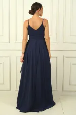 Kadın İp Askılı Yanları Yırtmaçlı Astarlı Volanlı Şifon Uzun Elbise