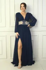 Kadın Ön Arka v Yaka Beli Nakış İşlemeli Astarlı Uzun Şifon Abiye Elbise