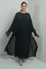 Kadın Üstü Taş Boncuk Baskılı Pelerin Astarlı Uzun Şifon Büyük Beden Elbise