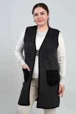 Gilet long en maille à poches, motif mini, fermeture à 3 boutons, grande taille, pour femme