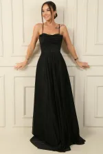 İp Askılı Balenli Üstü Drapeli Astarlı Tül Simli Uzun Abiye Elbise