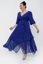 Kruvaze Balon Kollu Uzun Şifon Elbise