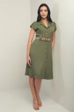 Women's Collared, Off-Shoulder, Double-Pocket, Belted Linen-Effect Dress