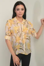 Kadın Büyük Çiçek Desenli Kol Katlamalı Gömlek