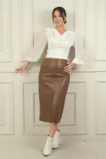 Kadın Önü Yırtmaçlı Cep Detaylı İçi Şardonlu Deri Midi Etek