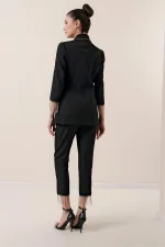 Yaka Ve Kol uçları Taş Zincir Detaylı Astarlı Ceket Cepli Pantolon 2'li Takım