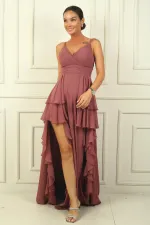 Kadın İp Askılı Yanları Yırtmaçlı Astarlı Volanlı Şifon Uzun Elbise