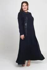 Women's Plus Size Long Dress with Stone and Bead Print