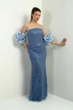 Kadın Straplez Takma Kollu Üstü Tül Pul-Boncuk İşlemeli Astarlı Uzun Abiye Elbise