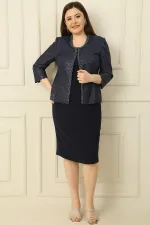 Yaka Taşlı Astarlı Krep Elbise Pulpayet Ceket Büyük Beden İkili Takım