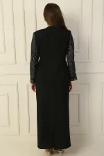 İçi Yarım Ay Kol Bluz Pul NakışişlemeBoncuk Detaylı Ceket Etek Astarlı Büyük Beden 3'lü Takım