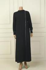 Robe longue en crêpe grande taille pour femme, avec manches zippées, ornements de pierres et fermeture à nouer sur le côté