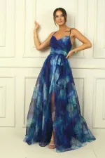 Kadın İp Askılı Arkası Bağcıklı Önü Drapeli Çiçekli Organze Uzun Elbise