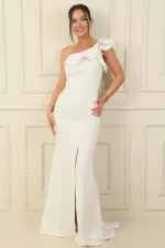 Tek Omuz Şerit Taşlı Eteği Yırtmaçlı Astarlı Uzun Krep Abiye Elbise