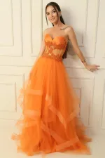 Long, Layered Tulle Taffeta Evening Dress with Beaded Embellishments