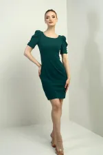 Women's Boat Neck Buttoned Sleeve Pleated Back Zippered Dress