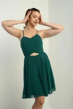 Kadın İp Askılı Arkası Bağlamalı Önü Pencereli Astarlı Şifon Kısa Kloş Elbise