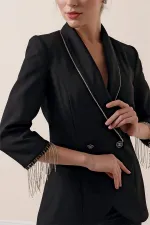 Yaka Ve Kol uçları Taş Zincir Detaylı Astarlı Ceket Cepli Pantolon 2'li Takım