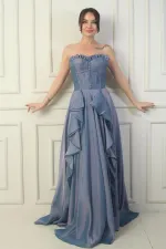 Robe de soirée longue sans bretelles pour femme, boutonnée sur le devant, lacée dans le dos, jupe à volants