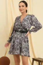 Double-Breasted, Lined, Belted, Snake Patterned Satin Dress