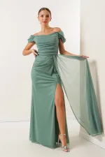 Önü Büzgülü Düşük Kol Astarlı Simli Uzun Elbise