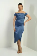 Women's Madonna Neckline Draped Asymmetrical Satin Short Dress