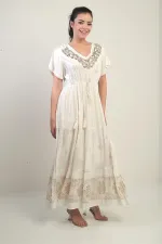 Women's V-Neck Beaded Lined Pocketed Flush Jacquard Long Dress