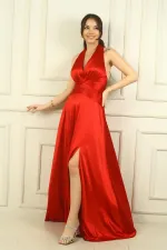 Kadın V Yaka Sırt Dekolteli Üstü Piliseli Örme Saten Uzun Elbise