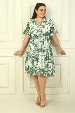 Women's Wrap Neckline Ruffled Sleeve Lined Belted Plus Size Chiffon Dress with Large Roses