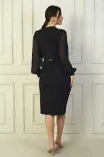 Kadın Boncuklu Kruvaze Yaka Astarlı Beli Kemerli Şifon Kollu Midi Elbise