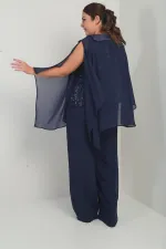 Cape en satin à col et doublure à sequins pour femme, chemisier sans manches, pantalon palazzo, ensemble 3 pièces en mousseline doublée grande taille