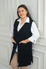 Gilet long en maille grande taille pour femme avec détails rayés sur les poches