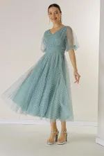 Ön Arka V Yaka Kısa Balon Kollu Kare Benekli Simli Dalya Kumaş Astarlı Elbise