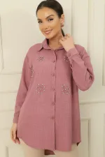 İnci-Taş Detaylı Keten Efekt Gömlek