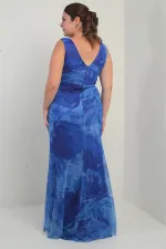 Women's Front and Back V-Neck Lined Draped Front 3D Floral Pattern Plus Size Tulle Long Dress