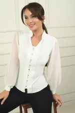 Kadın Önü Düğmeli Kolları Tül Hakim Yaka Gömlek