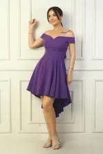 Kadın Madonna Yaka Ön Kısa Arka Uzun Astarlı Kloş Krep Kısa Elbise