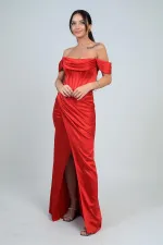 Women's Strapless Low-Sleeve Lined Underwired Satin Long Dress