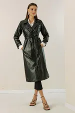 Trench-coat doublé en similicuir avec ceinture et poches latérales