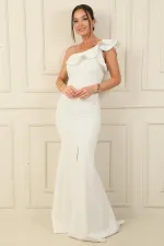 Tek Omuz Şerit Taşlı Eteği Yırtmaçlı Astarlı Uzun Krep Abiye Elbise