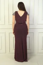 Ön Arka V Yaka Kol Ve Bel Taş Detaylı Astarlı Drapeli Simli Büyük Beden Likralı Uzun Elbise