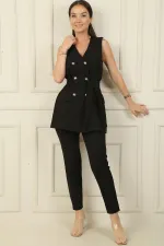 6-Button Vest with Faux Pockets and Belt, Elastic Waist Slim-Fit Trousers - 2-Piece Set