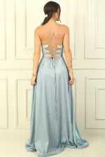 İp Askılı Astarlı Simli Uzun Abiye Elbise