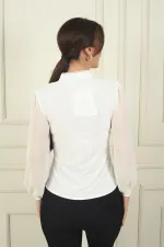 Kadın Önü Düğmeli Kolları Tül Hakim Yaka Gömlek