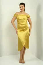 Women's Madonna Neckline Draped Asymmetrical Satin Short Dress