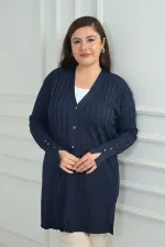 Cardigan long en lycra côtelé épais avec boutons sur les manches pour femme, grande taille