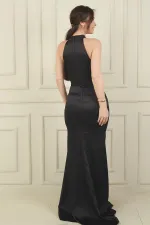 Women's Halter Neck Lined Long Satin Dress with Gathered Front and Stone Embellishments